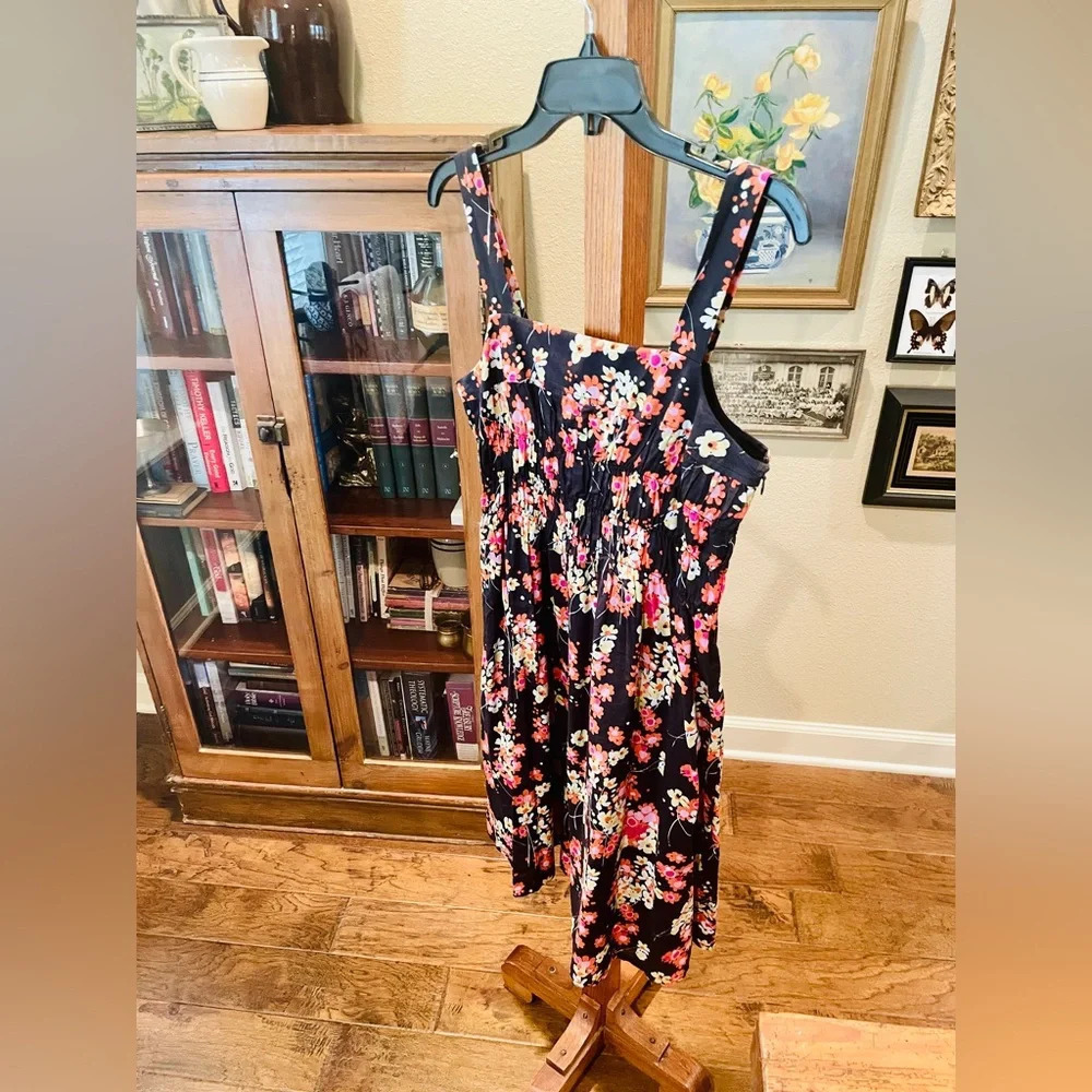 GAP strappy stretch floral midi cotton sun dress lined  SZ 8 black orange pink - Picture 3 of 10